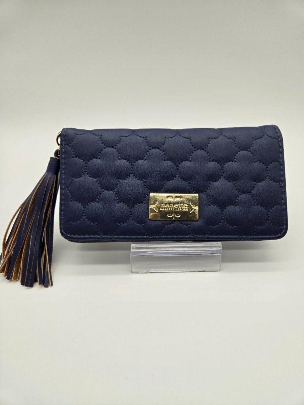 Nanette Lepore Navy RFID Charging Wallet Clutch Faux Leather Tassel Wristlet